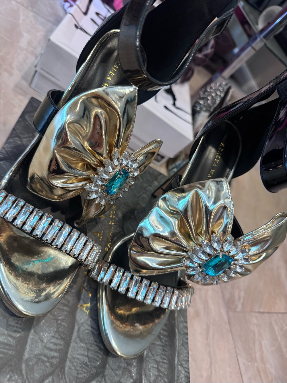 Black and Gold Embellished High Heel Sandals with Teal Gem - Picture 5 of 6